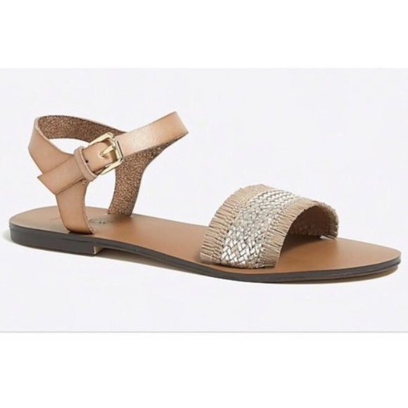 J Crew Raffia Tan & Silver Ankle Strap Sandals - Picture 2 of 8